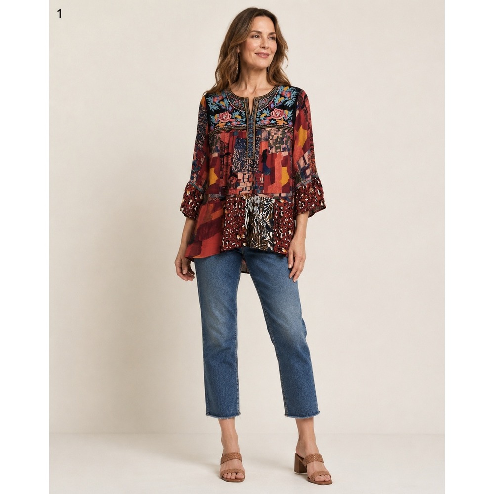Calessa Top Womens PL Black Animal Print Floral Embroidered Boho Polyester